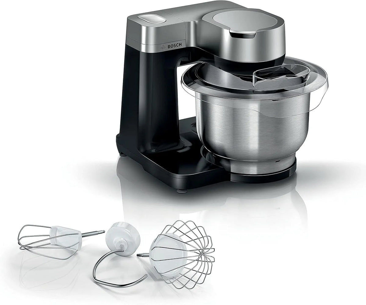 Bosch robot de cuisine MUMS2VM00, Serie 2-900 W, Bol de 3,8 l en acier inoxydable, 7 niveaux de vitesse + turbo, kit de pâtisserie, finition noire