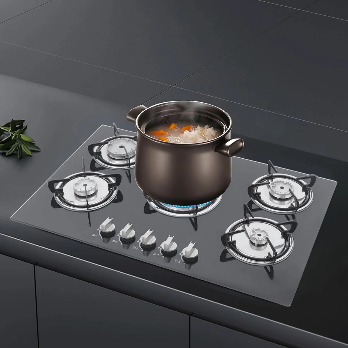 Plaque de cuisson, 5 flammes, de cuisson à gaz, en verre martelé, encastrable, gaz naturel, propane, GPL, NG