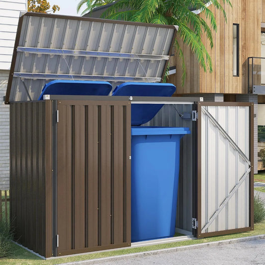 Vélo, Abri pour 2 Poubelles 240L, Rangement Exterieur pour Outils Enfant,150 x 80 x 117.6cm, YODOLLA Cache Poubelle Exterieur en Métal, Brun
