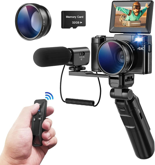 Appareil photo 48MP 16X 32GB CCN, télécommande, numérique 4K, avec 180 ° Flip 3.0' écran, avec lentille Grand Angle et lentille Macro, TF Carte