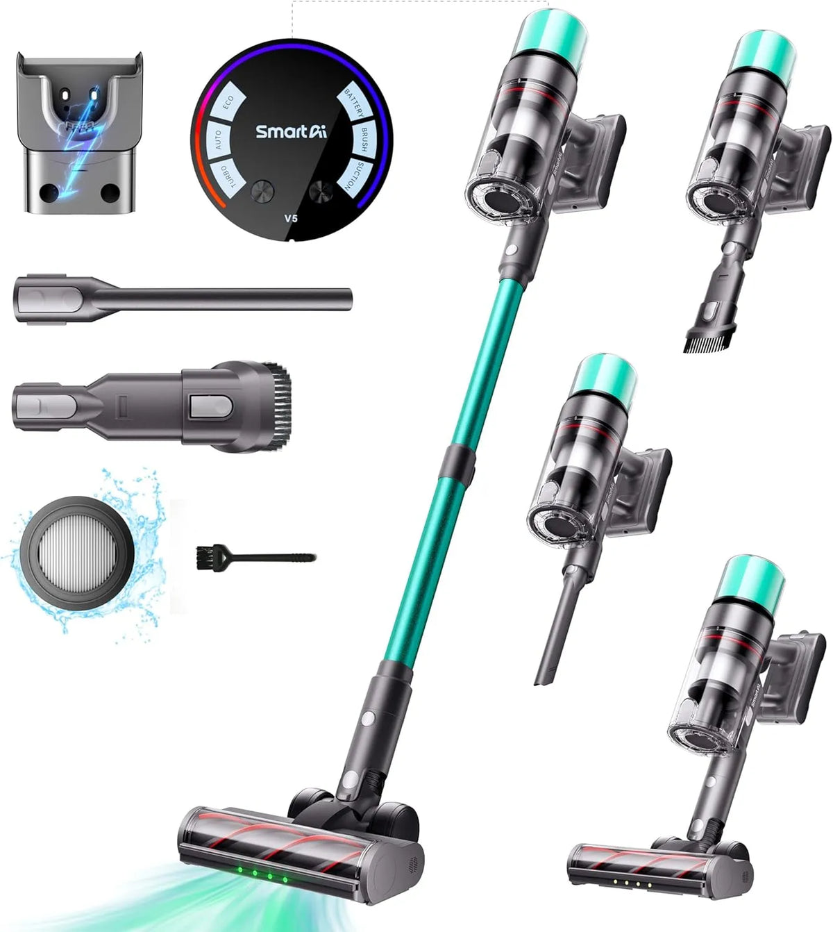 Aspirateur balai, SmartAI V5 sans Fil, puissance 600W, Autoportant, Poils d'animaux, 80Mins Aspirateur sans Fil Puissant, 55Kpa, Sols Durs