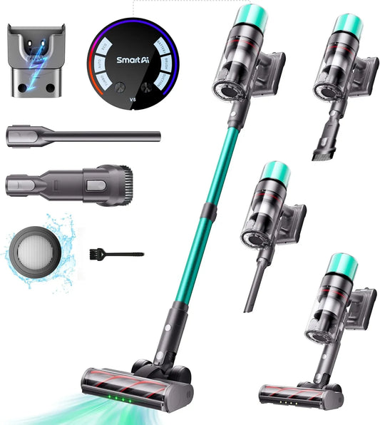 Aspirateur balai, SmartAI V5 sans Fil, puissance 600W, Autoportant, Poils d'animaux, 80Mins Aspirateur sans Fil Puissant, 55Kpa, Sols Durs