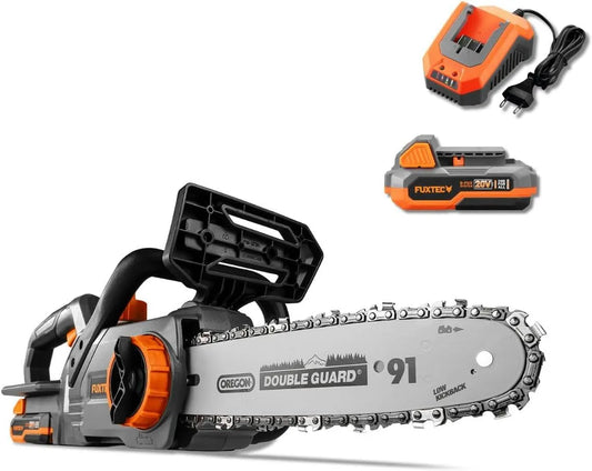 Fuxtec tronçonneuse FX-E1KS20, sans fil à batterie 20V batterie 2Ah et chargeur 2,4A inclus, vitesse de la chaîne 5 m, longueur du guide-chaine 10'