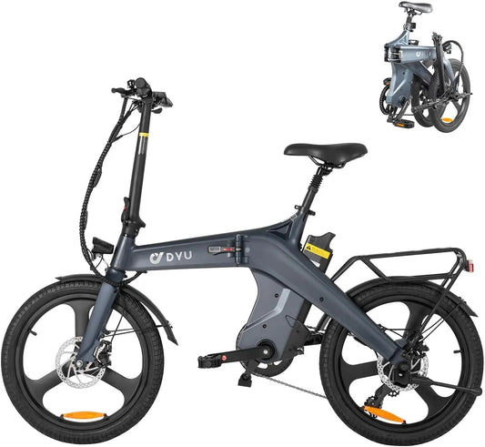 Vélo électrique DYU, 20 Pouces Pliable avec Pédalage Assistance, 7 niveaux de vitesse, Porte-Bagages Arrière, 7 niveaux de vitesse
