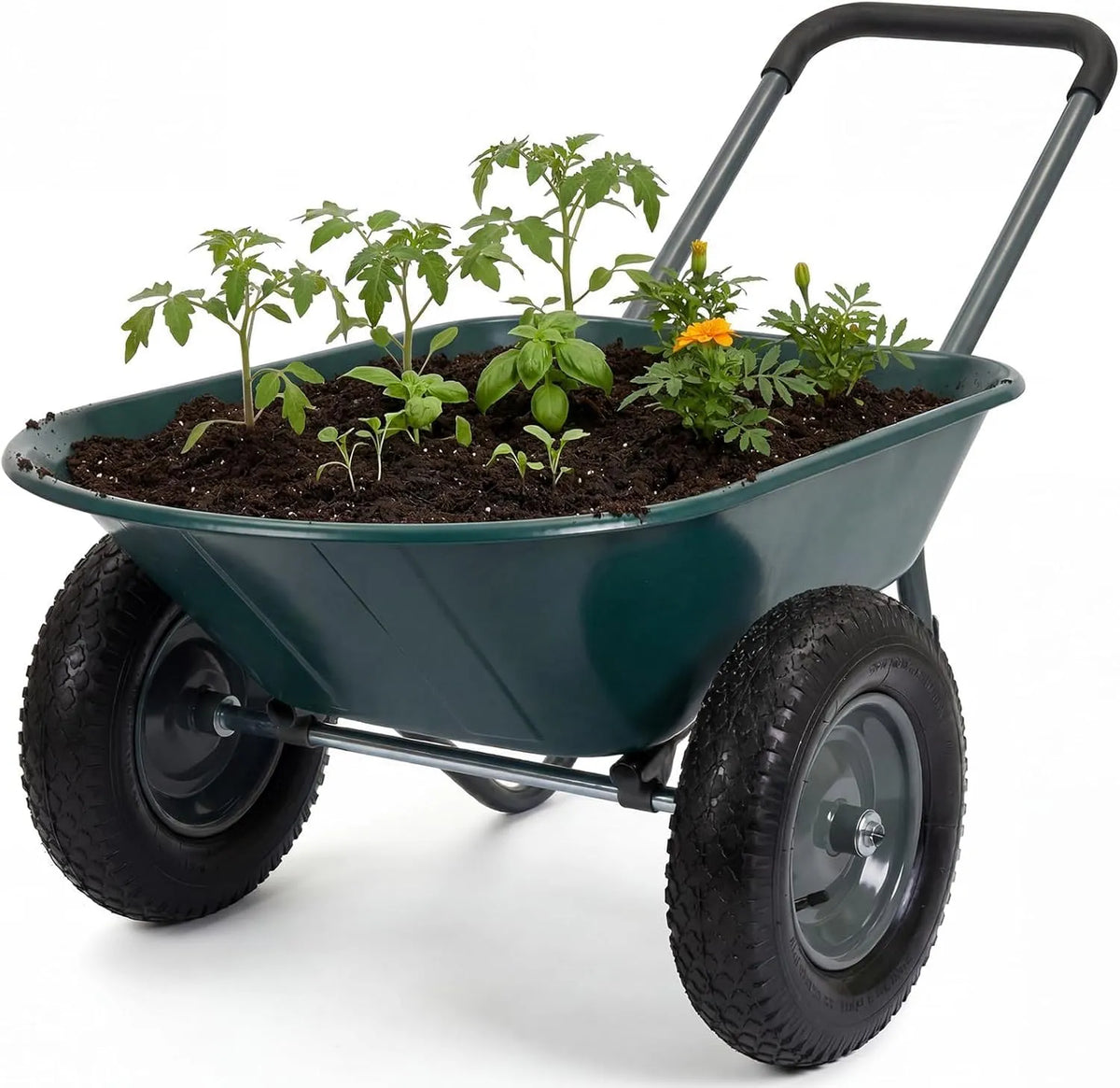 Brouette Brouette avec, 2 Roues Chariot pour Jardinage de Transport Chariot de Jardin à Main Robuste Béquille, Vert