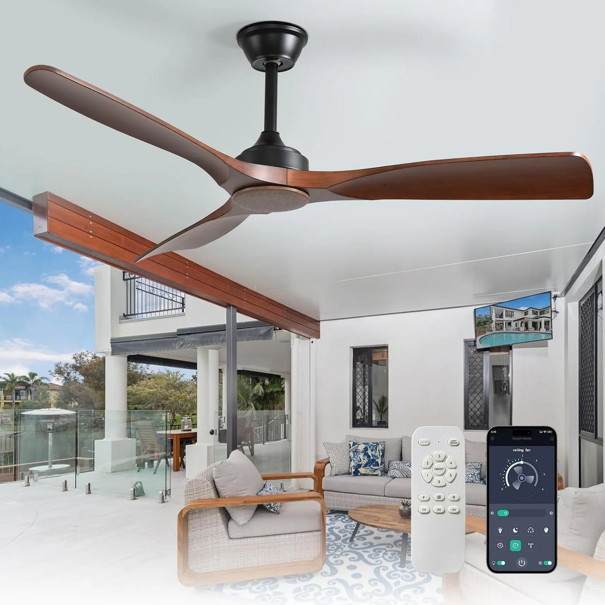 Ventilateur Depuley Grand, sans lumière 132 cm télécommande incluse et application pour terrasse et jardin, de plafond, minuterie réversible