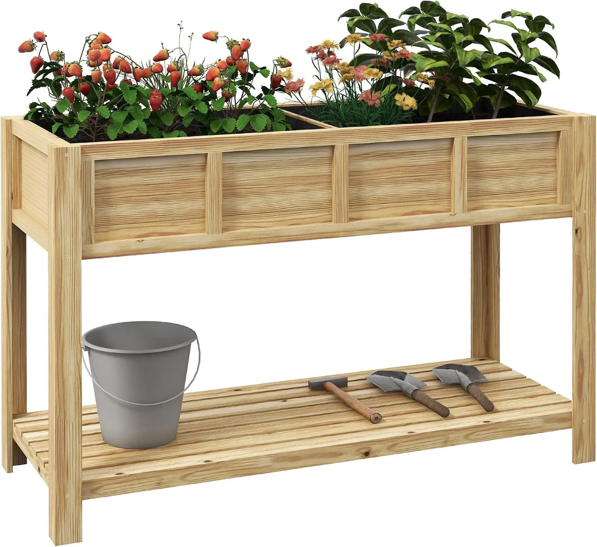 Outsunny modèle 75H, Jardinière sur Pieds, Potager avec séparateur Amovible, Inserts d'irrigation, Dim. 115L x 46l x cm, Bois Massif Sapin, étagère