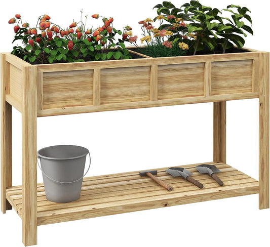 Outsunny modèle 75H, Jardinière sur Pieds, Potager avec séparateur Amovible, Inserts d'irrigation, Dim. 115L x 46l x cm, Bois Massif Sapin, étagère