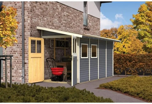 Abri de jardin, Adossé Wandlitz 3 en Bois Massif Vitrifié finition grise 4,85m², Karibu, Portes Semi-Vitrées, Fenêtre, Embase Incluse