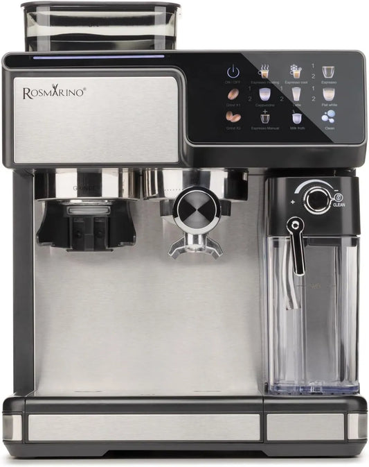 Machine à café ROSMARINO, pompe de 20 bar, réservoir d'eau de 2,6 l, automatique avec broyeur, mousseur à lait automatique, contrôle tactile, noire
