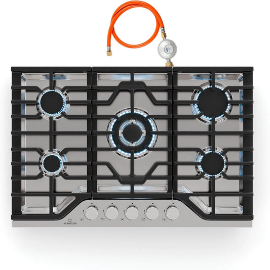 Klarstein plaque de cuisson, dimensions 750x500mm, Allumage Électrique, Kit Conversion GPL, 5 Brûleurs Inox 304, 3.4kW Wok, Turbocast De Cuisson Gaz