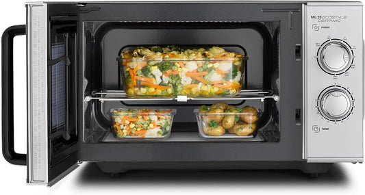 Caso four à micro-ondes MG 25, capacité 25 L, Ecostyle Ceramic, coloris finition argentée, 2-en-1 sans plateau tournant avec gril 1000 W, grand format