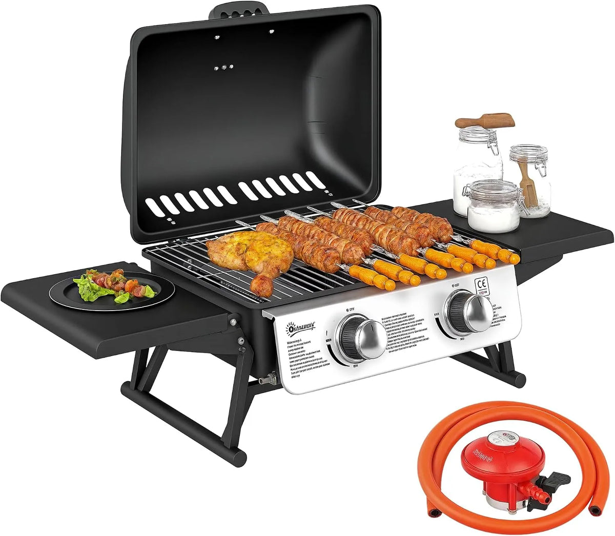 Outsunny barbecue à gaz, portable avec thermomètre intégré, bac à graisse pour jardin, camping, cuisine en, couvercle, fête, pique-nique