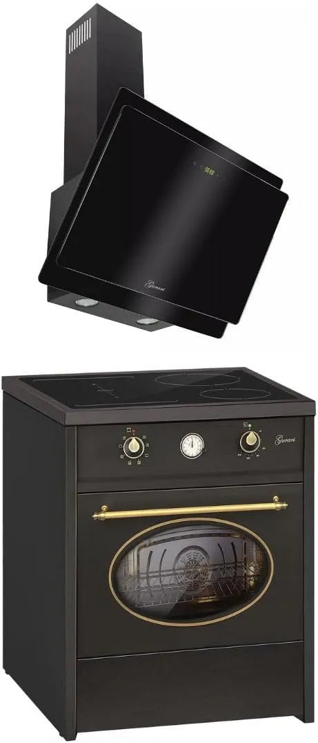 Cuisinière Set de, largeur 60 cm, finition noire + hotte murale, Range Coocker, recirculation, GCH E 612 BL r + GCH S 411 60 BL Prime, capacité 60 L