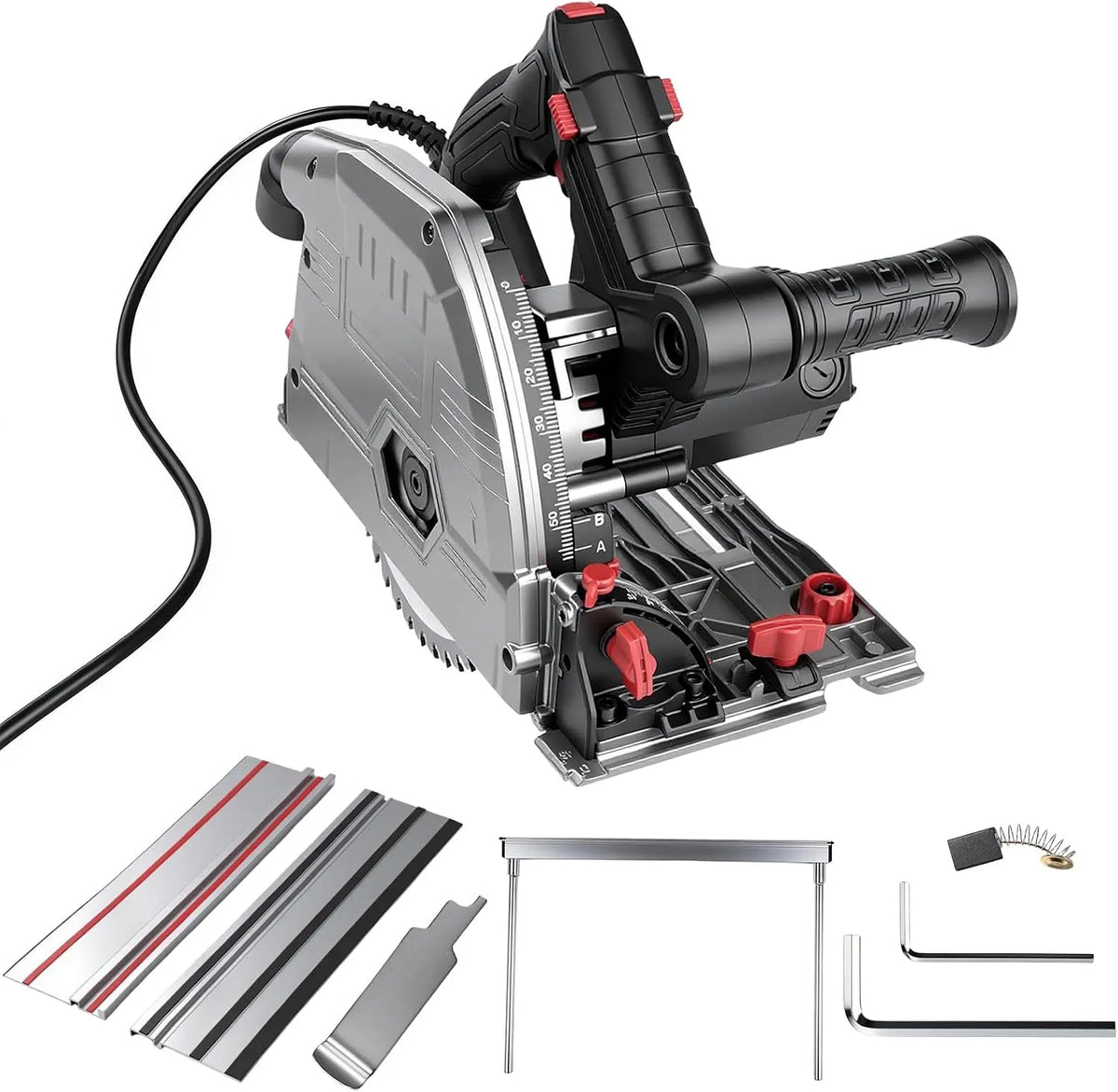 Avec 2 rails de guidage de Scie plongeante, scie circulaire 1200 W, profondeur de coupe 57 mm, coupes en biseau de 0 à 45°, Lame Ø160mm 40 dents