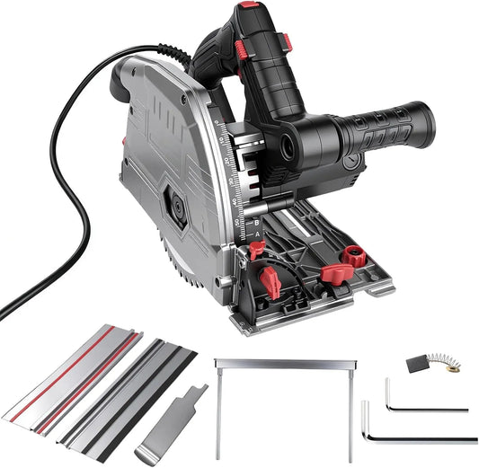 Avec 2 rails de guidage de Scie plongeante, scie circulaire 1200 W, profondeur de coupe 57 mm, coupes en biseau de 0 à 45°, Lame Ø160mm 40 dents