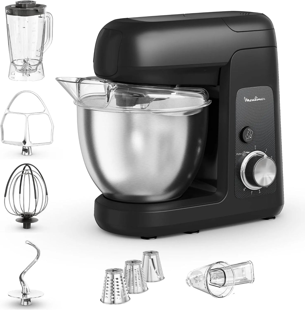 Moulinex robot pâtissier QA522810, Bol inox 4,6L, Découpe-légumes, Fouet, Blender, finition noire, Puissance 1100 W, Bake Partner, Batteur