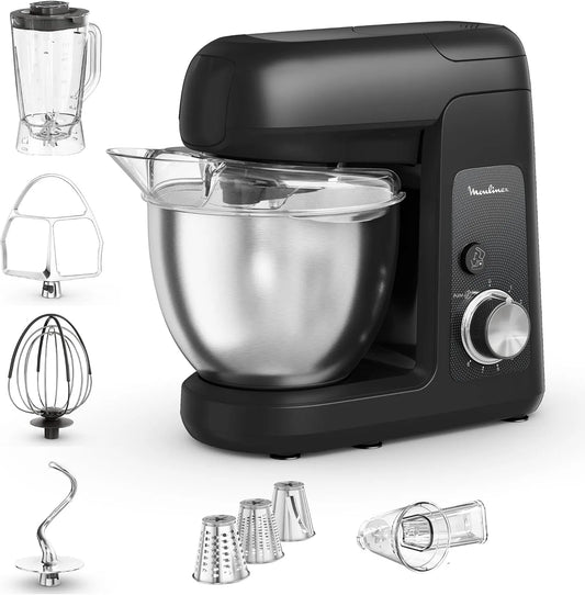 Moulinex robot pâtissier QA522810, Bol inox 4,6L, Découpe-légumes, Fouet, Blender, finition noire, Puissance 1100 W, Bake Partner, Batteur