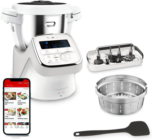 Moulinex I-Companion XL Robot Cuiseur Connecté -14 Fonctions Automatiques, Capacité 10 Personnes, Fabriqué en France, finition blanche, finition grise