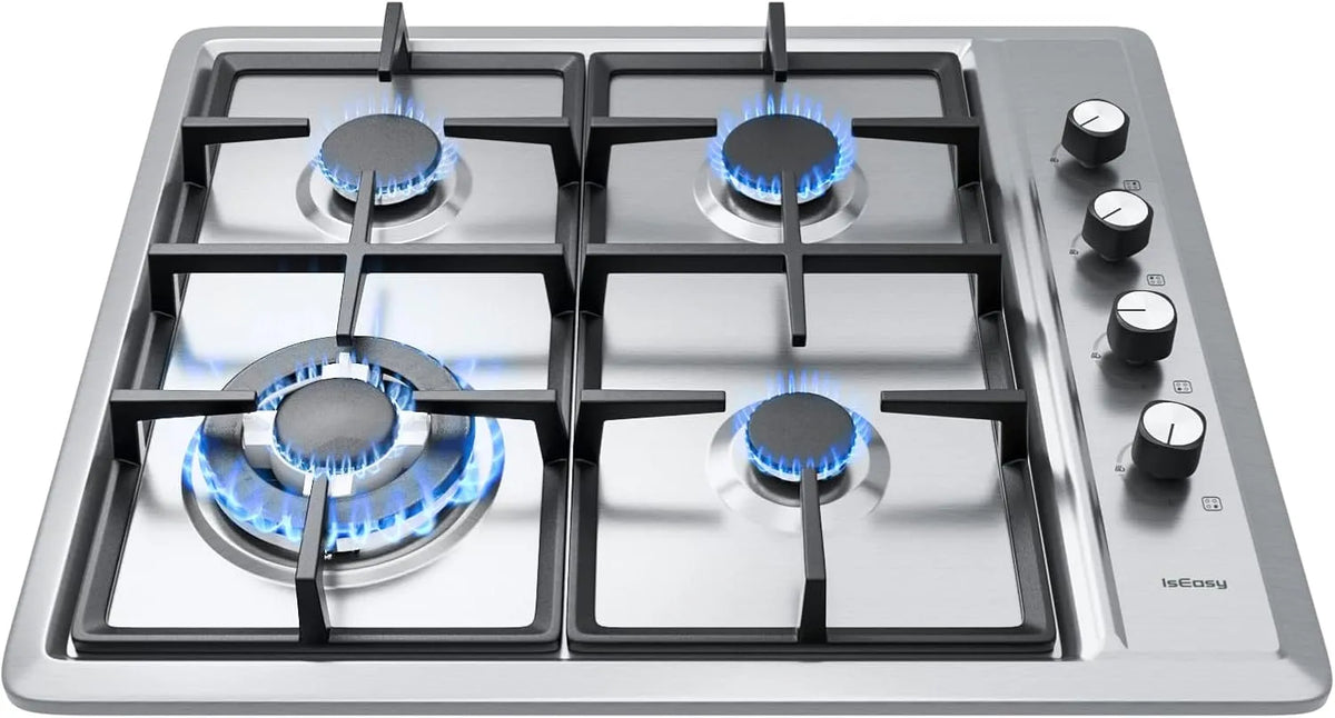 Plaque de cuisson IsEasy, Table de cuisson 60cm, Gaz 4 Feux Inox, largeur 60cm, Gazs Ville et Bouteille