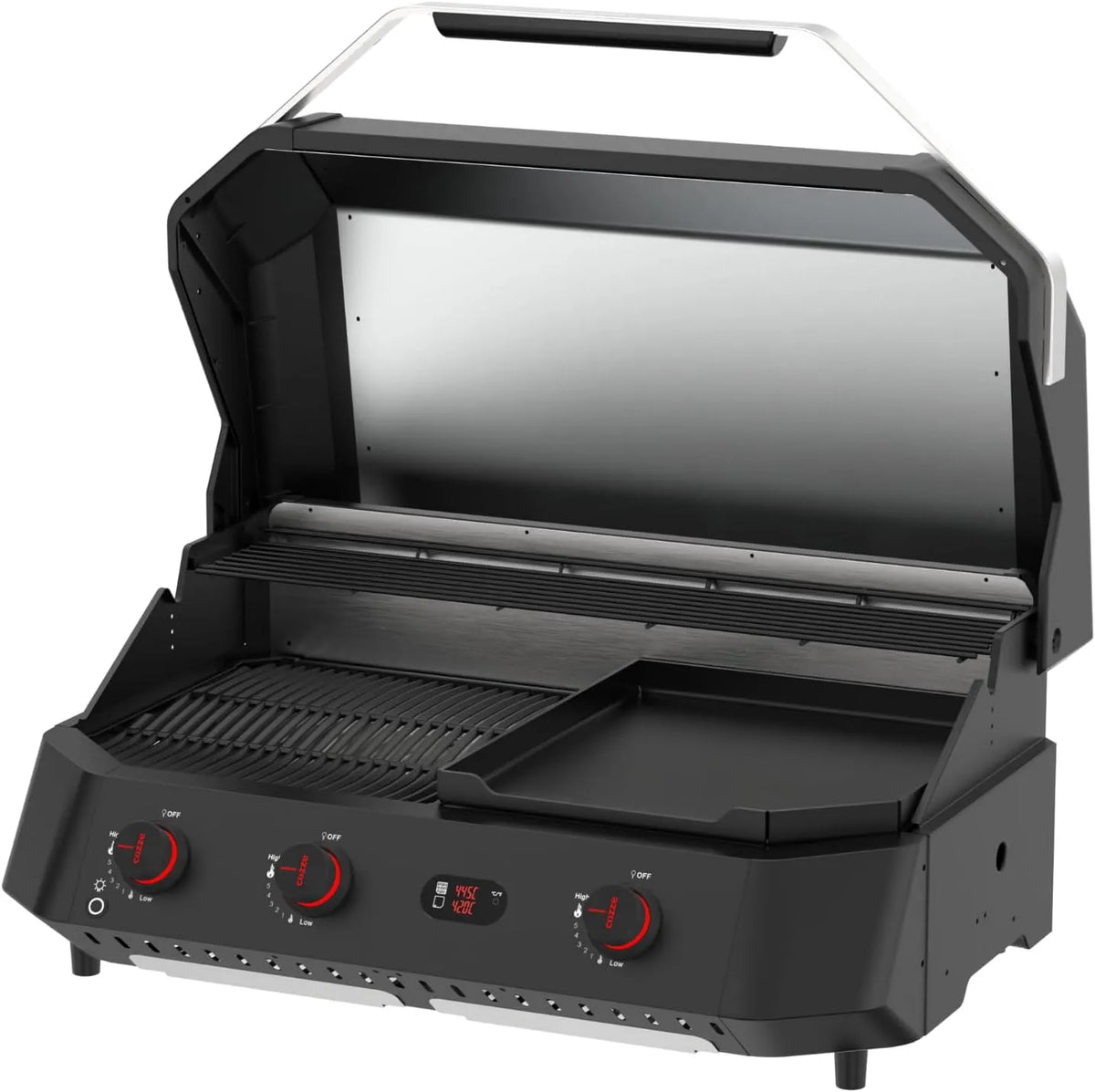 Barbecue à gaz G-800 50mbar, 3 Brûleurs, Grill + Plancha en Fonte Émaillée, Haute Performance, puissance 9,5 kW, Cozze COMBO Plancha-Grill