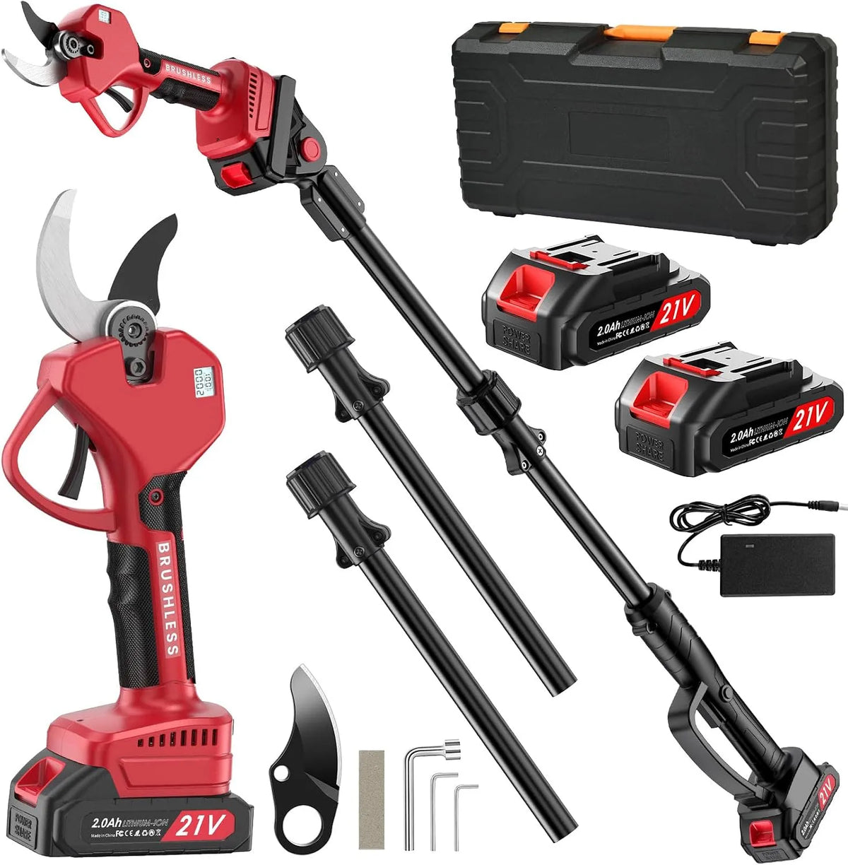 Sans Fil avec Écran et Boîte de rangement Sécateur Électrique, Ferme, à fonctionnement, 50MM Secateur Electrique 2-en-1 Extensible Jusqu'à 2,3 m