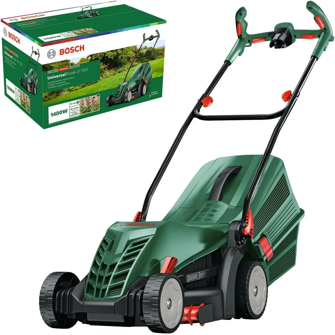 Bosch tondeuse à gazon, Filaire UniversalRotak 37-555, Moteur de 1 400 W, Largeur de Coupe: 37 cm, bac de ramassage 40 litres, poignées Ergoflex