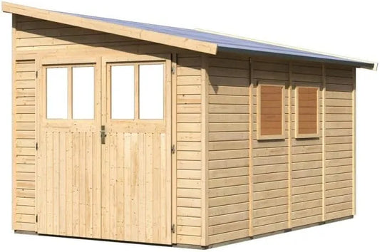 Abri de jardin, Adossé en Bois Épicéa 8,27m² Bomlitz 4, 2 Fenêtres, Toit en Voliges 16mm, Karibu, Marron, Double Porte Semi-Vitré