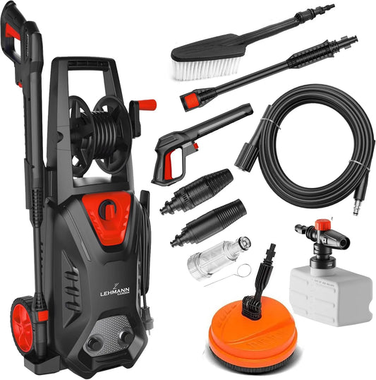 Nettoyeur haute pression Lehmann Hudson, Pression Max. 220 Bar, avec Pompe en Aluminium, puissance 1800 W, Débit 450 l/h, Kit D'accessoires, Mousseur