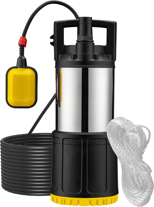 Wiltec pompe, à eau immergée 1000 W, Refoulement max. 30 m, profondeur max. 7 m, 5500 l/h, en PPO et acier, avec Interrupteur à flotteur