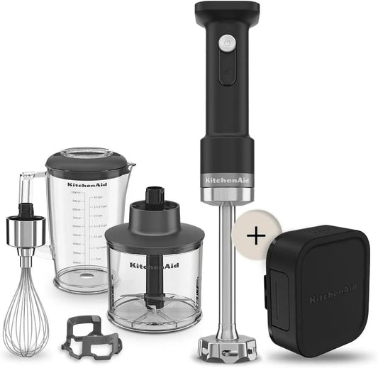 KitchenAid mixeur, portable avec Bol mélangeur de 1L, plongeant sans fil, Go Cordless, Fouet et haichoir inclus, Lame inox, Puissant, Avec batterie