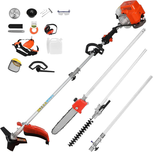 Tronçonneuse, Outils de Coupe Multifonctionnel 5 en 1, Taille-haie à gaz 52 CC, Moteur 2 Temps, désherbeur, Taille-Bordure, scie à Perche, Orange