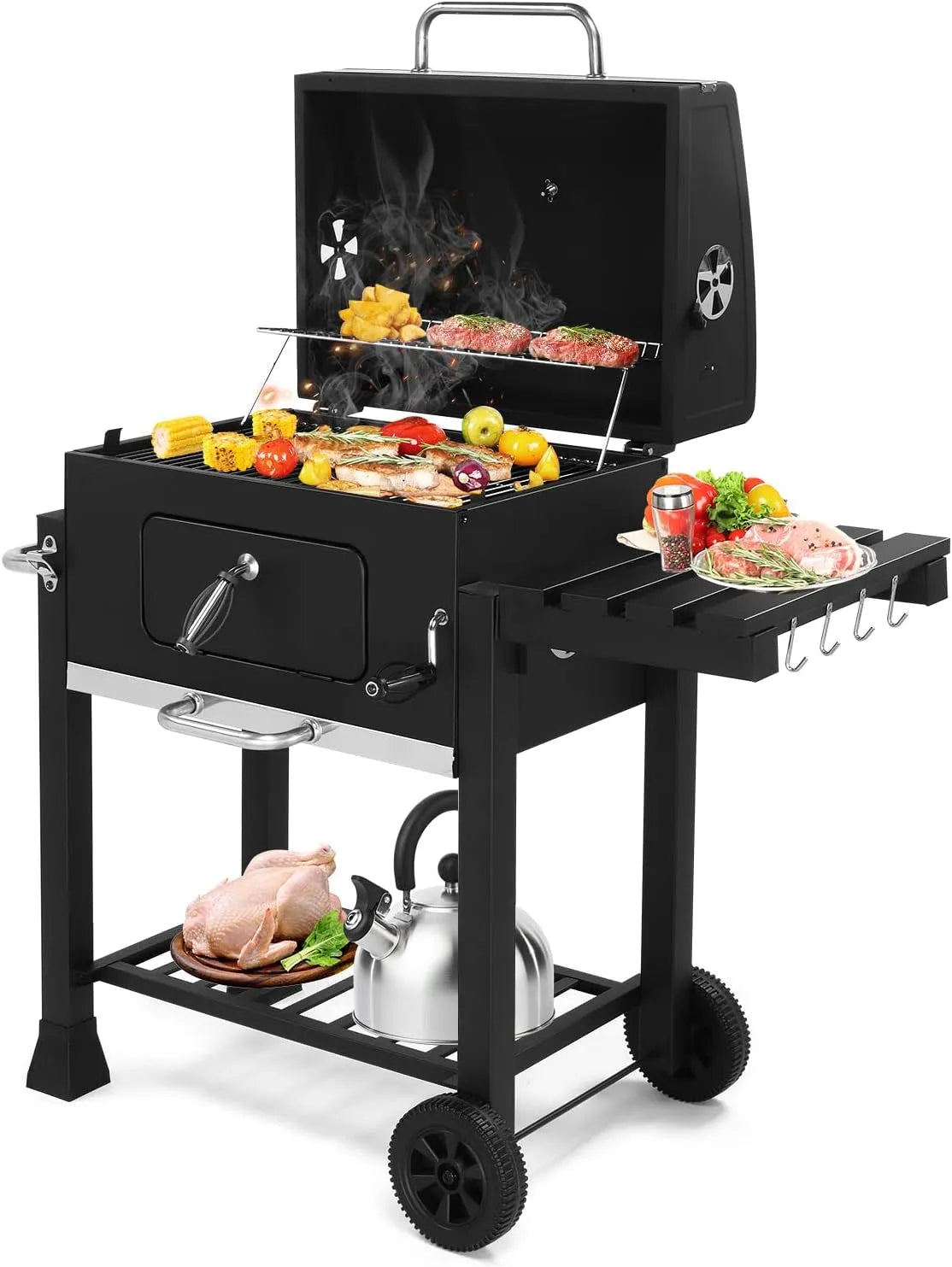 Barbecue 116x LEADZM, Charbon de Bois avec grande grille de cuisson，Voiture mobile, dimensions 57 x 108 cm, avec table d'appoint et thermostat