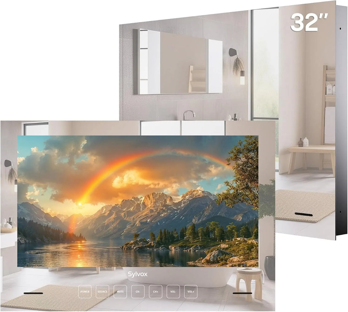 Smart TV SYLVOX 32 IP65 1080P Pouces, Étanche, Téléviseur Miroir pour Salle de Bain, tension 12V Google TV, 500 nits, S2, T2, Hôtels, Saunas