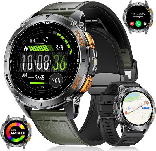 Smartwatch 1.43' HD AMOLED avec Lampe Poche LED LIGE Montre, Baromètre, Boussole, iOS Android, 110+ Modes Fitness Activity Tracker, Altimètre