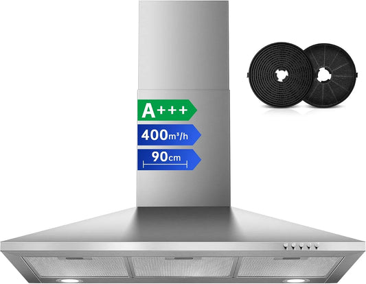 Hotte aspirante, A+++ Hotte Cuisine avec 400m³, 3 niveaux de vitesse Hotte Silencieuse en Inox, SNDOAS 90cm, 400m³/h, 2 Filtres à Charbon Inclus