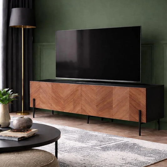 Meuble TV, dimensions 180 x 41 x 60 cm, CONCEPT USINE, Finition Noyer, Pieds Métal finition noire, Meuble Télé Design avec 3 Placards de Rangement
