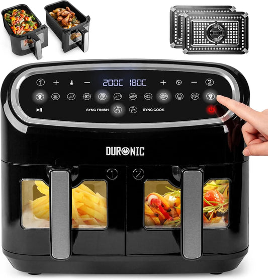 Friteuse à air chaud AF24 Duronic, 2 Paniers de 5L pour Toute la Famille, de 2400W, 10 Programmes de Cuisson Préréglés, Sans huile