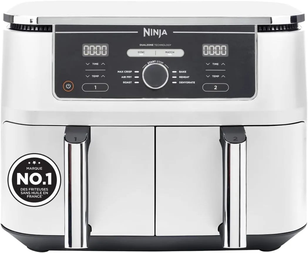 Ninja lave-vaisselle AF400EUWH, Foodi MAX Dual Zone Air Fryer, 2 Tiroirs, capacité 9,5L, 6-en-1, Sans Huile, 8 Portions, Croustillant Max, Rôtir