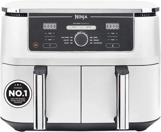 Ninja lave-vaisselle AF400EUWH, Foodi MAX Dual Zone Air Fryer, 2 Tiroirs, capacité 9,5L, 6-en-1, Sans Huile, 8 Portions, Croustillant Max, Rôtir