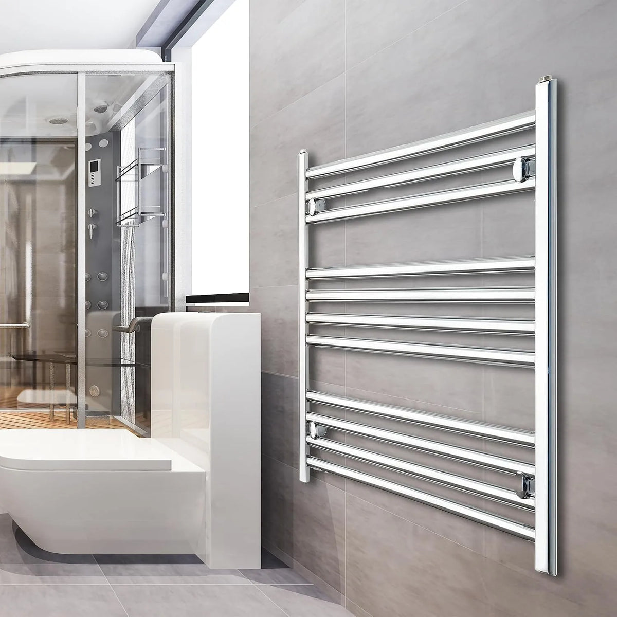Sèche-serviettes Radiateur, chromé de 750 mm de large, Plat, Chauffage central, Turkish Zone