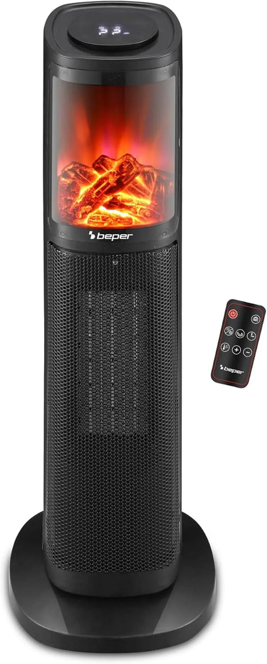 Radiateur P203TER010 BEPER, céramique à tourelle, Panneau de contrôle tactile, finition noire, puissance 2000w, Télécommande incluse, Flamme LED