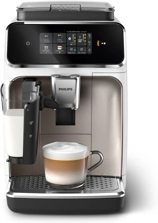 Philips machine à café 2300-4 EP2333/40, Expresso broyeur Série Boissons, Écran tactile coloré, à grain finition blanche Chromé, Carafe LatteGo
