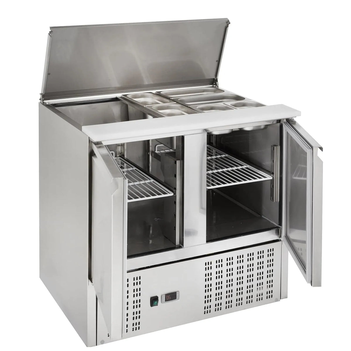 Saladette réfrigérée ECO 900, capacité 240 litres, Place pour 2 récipients 1/1 GN, Réfrigération statique, 3kW/h, puissance 3kW