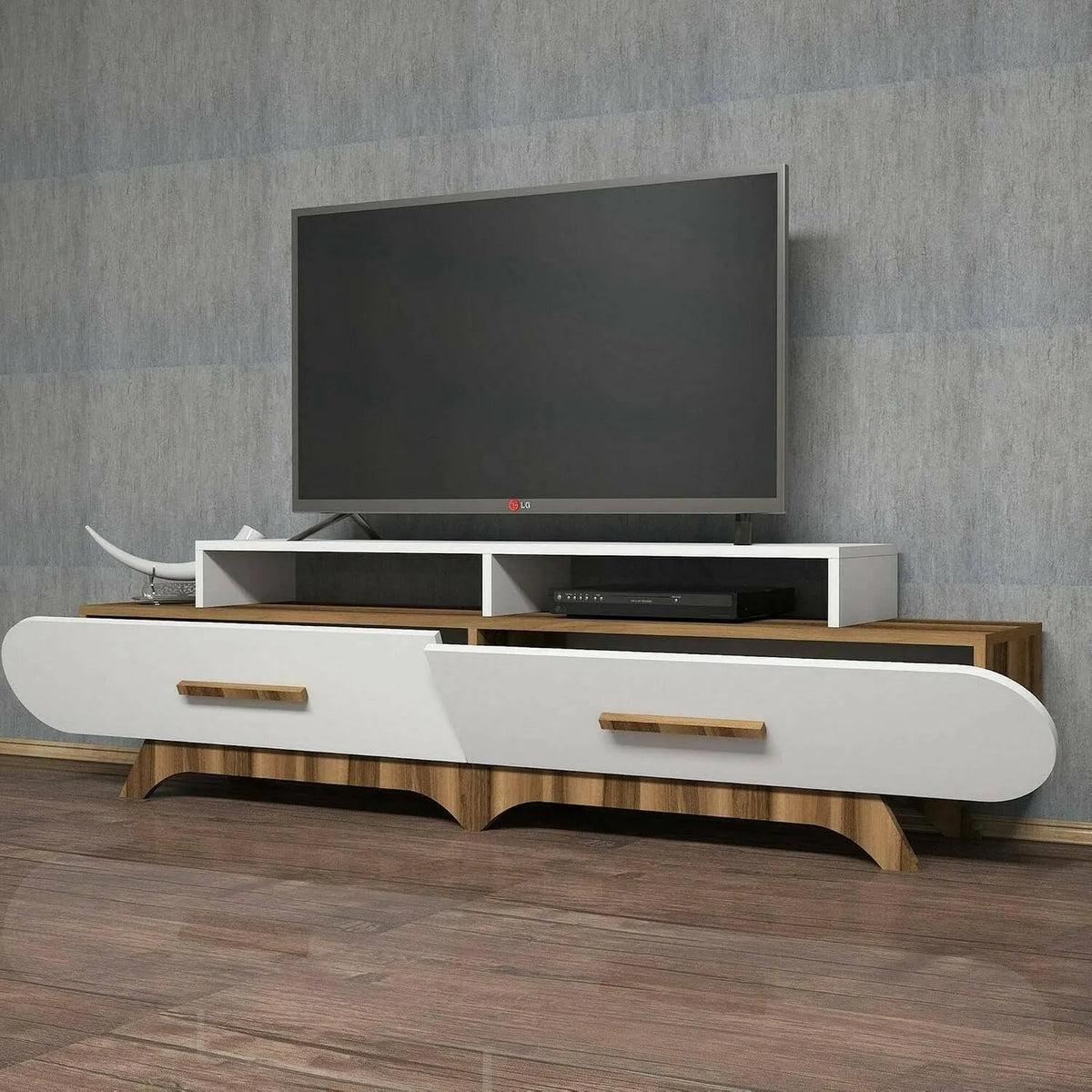 Armoire h50, dimensions 205 x 37 cm, Basse pour TV, Noyer et finition blanche, Dmora Meuble Porte Phec, Buffet de Salon, Base Murale équipé