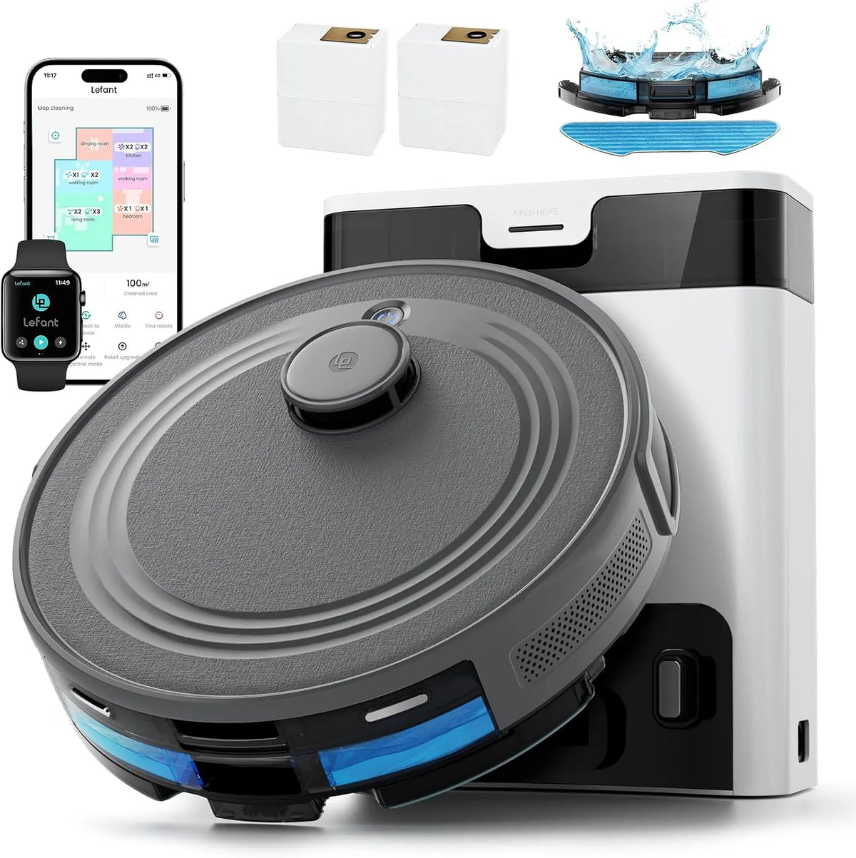 Aspirateur, Lefant M2 Pro Robot Laveur 6000Pa avec Station Vidage Automatique Poussière, Navigation avec Cartographie, Nettoyage Personnalisé