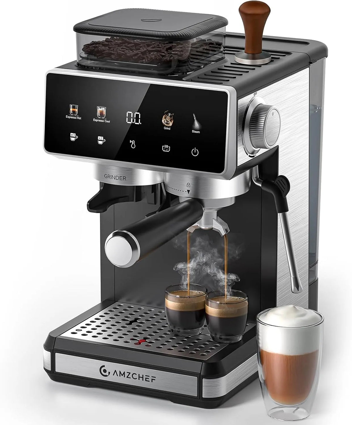 Machine à café AMZCHEF, Cafetière à Grains 20 Bar, Contrôle Personnalisé: 3 Températures & 20 Réglages Mouture, Café Froid,1350W, puissance 1350W