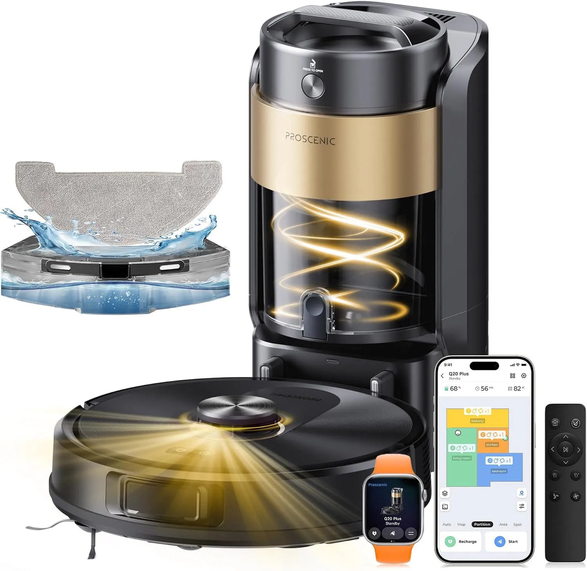 Aspirateur Q20 200Min Proscenic Plus Robot, Proscenic Plus Robot Laveur 10000Pa, avec Station, Sans Sac Vidage Automatique Robot et Serpillière
