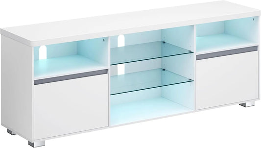Meuble TV LTV331T10, largeur 160 cm, avec LED, Moderne, Chambre, pour Les Téléviseurs Jusqu'à 70 Pouces, 2 Placards avec Portes, pour Salon
