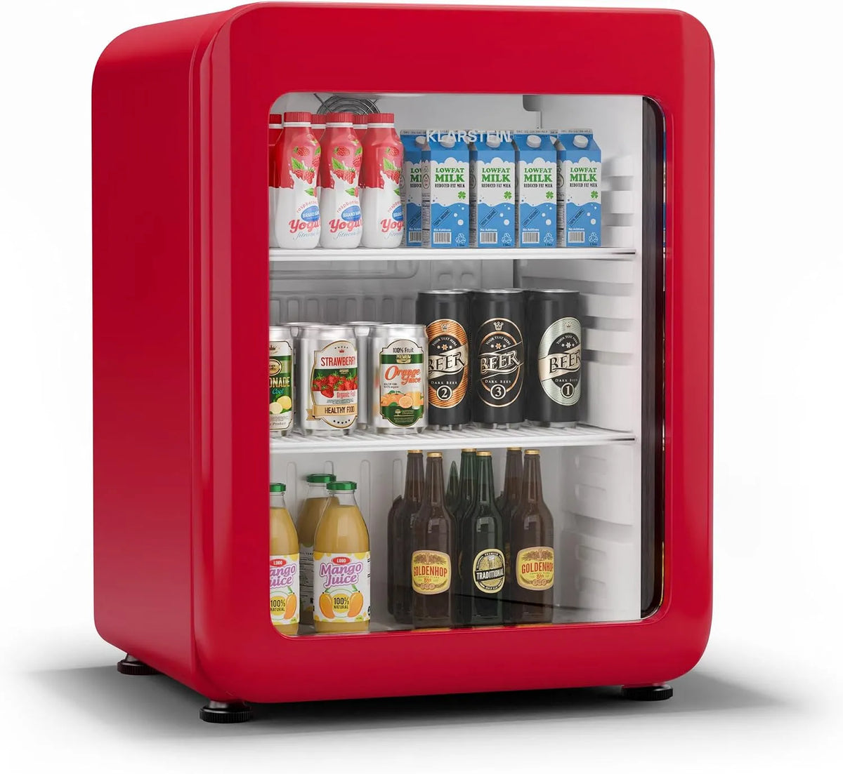 Klarstein réfrigérateur, 0-10°C, Classe Énergétique C, LED, Design rétro, capacité 68 L, Audrey Evo à boissons, Porte à double vitrage, Rouge
